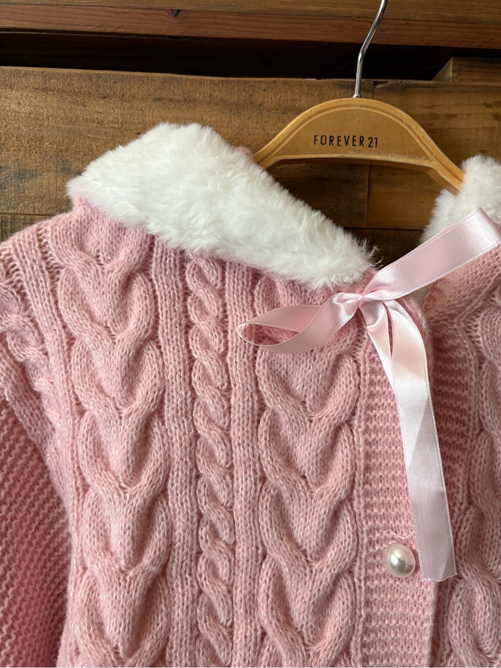 Light Pink Cable Knit Hooded Cardigan with Faux Fur Trim